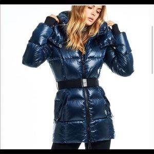 SAM. Mid length dark navy blue puffer jacket